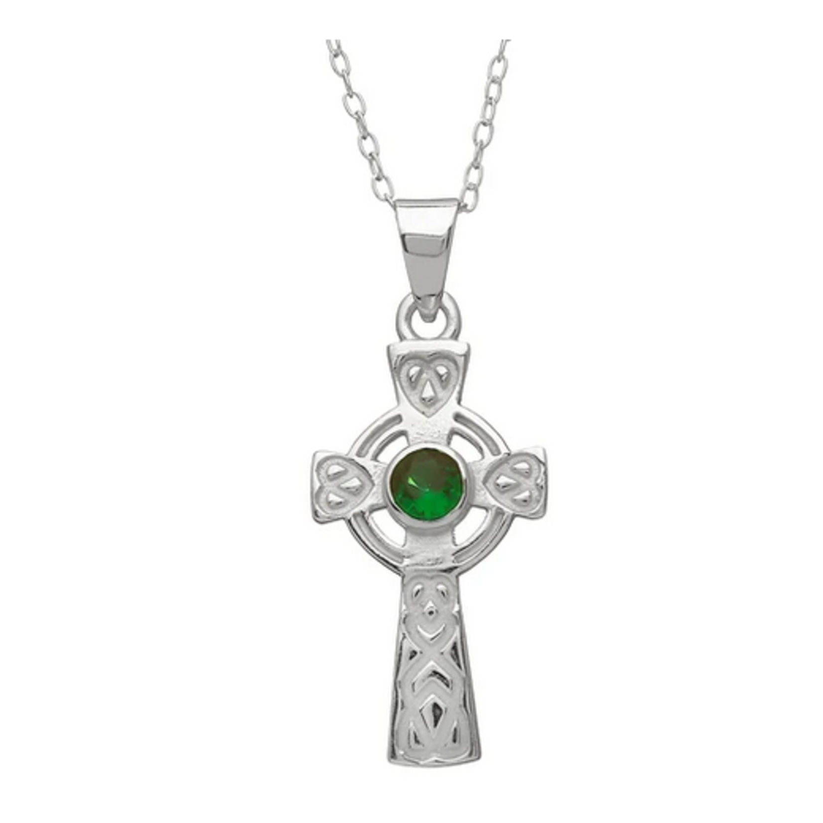 PENDANTS & NECKLACES WOODS - STERLING CELTIC CROSS w HEART KNOTS & GREEN STONE