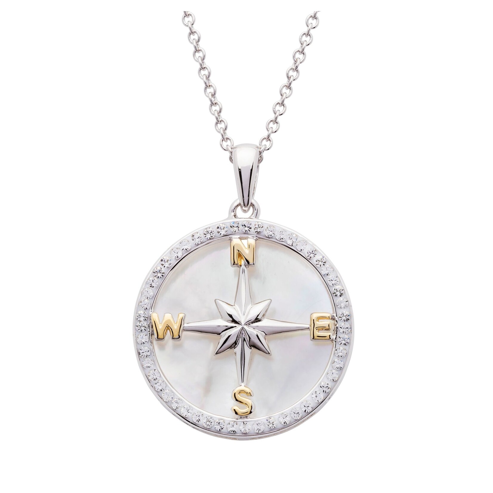 PENDANTS & NECKLACES OCEAN STERLING COMPASS PENDANT w. MOTHER of PEARL & CRYSTALS