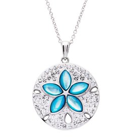 PENDANTS & NECKLACES OCEAN STERLING AQUA SAND DOLLAR PENDANT w/ MOTHER of PEARL & CRYTALS