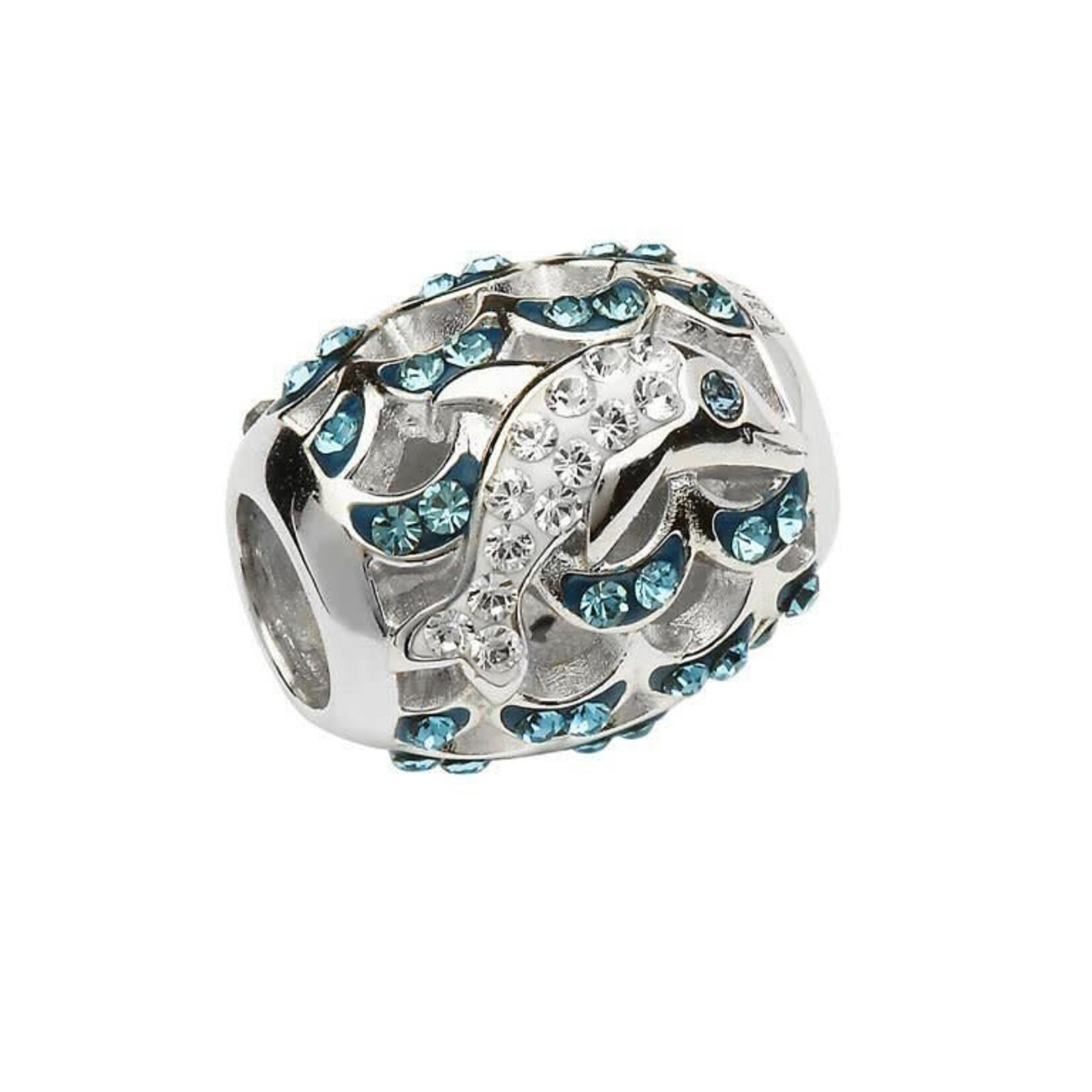 BEADS OCEAN TD BEAD - Sterling Barrel Style Dolphin & Waves w/ AQUA CRYSTALS