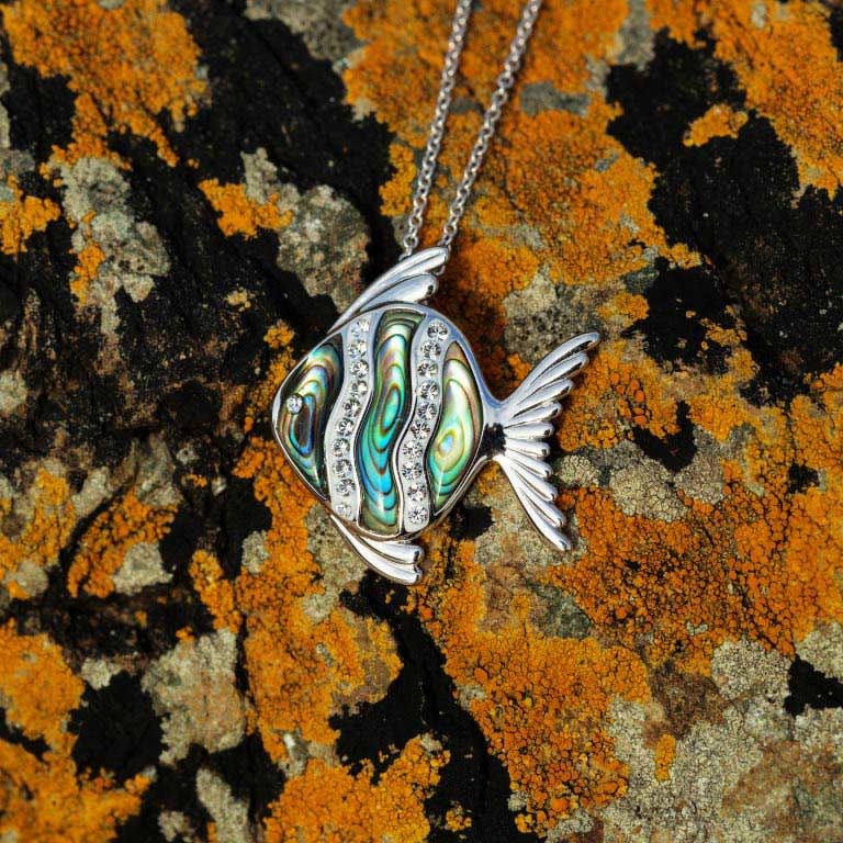 PENDANTS & NECKLACES OCEAN STERLING FISH PENDANT w. ABALONE SHELL & CRYSTALS