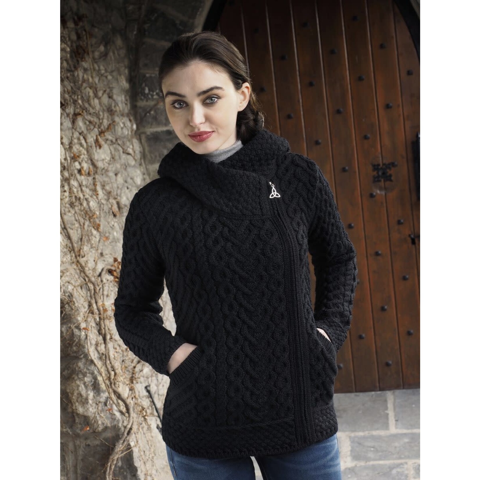 SWEATERS KILKENNY SIDE ZIP CARDIGAN with HOOD - Black