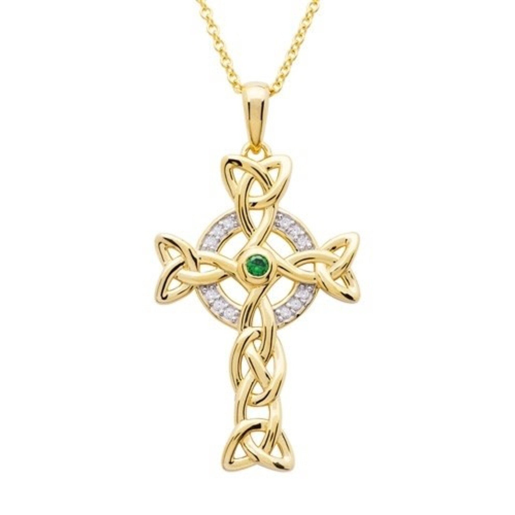 PENDANTS & NECKLACES SHANORE 14K GOLD VERMEIL CELTIC CROSS PENDANT w/ Grn&Wht CZs