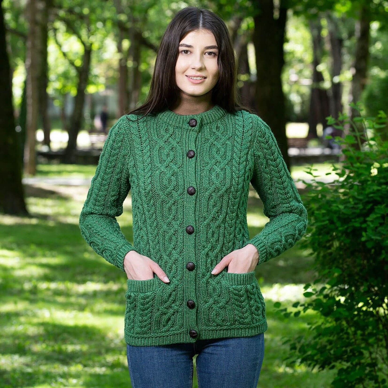 SWEATERS CLEARANCE: SAOL LADIES BUTTON CARDIGAN - Green :FINAL SALE