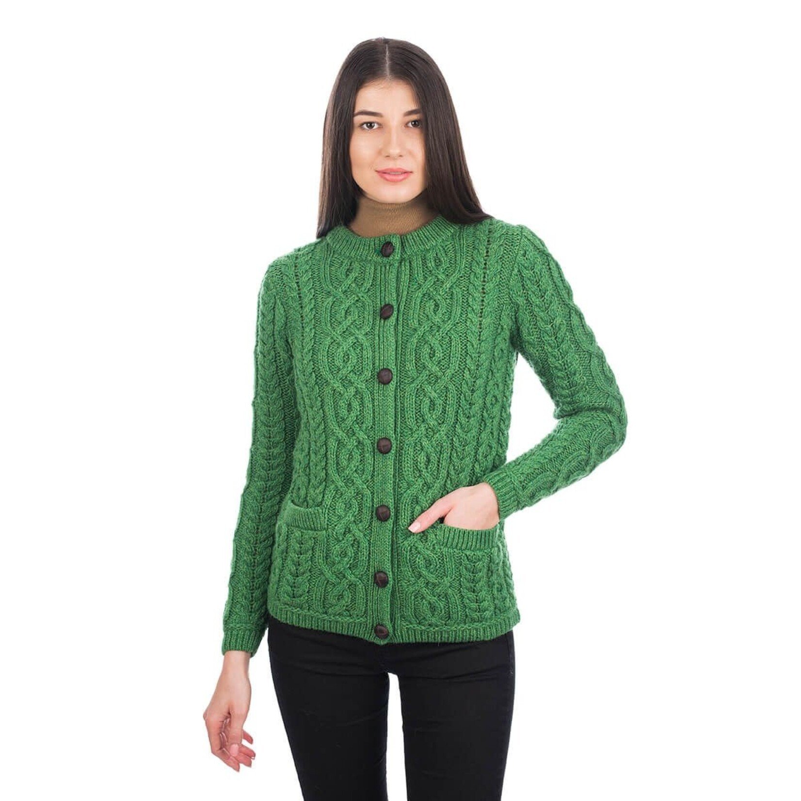 SWEATERS CLEARANCE: SAOL LADIES BUTTON CARDIGAN - Green :FINAL SALE