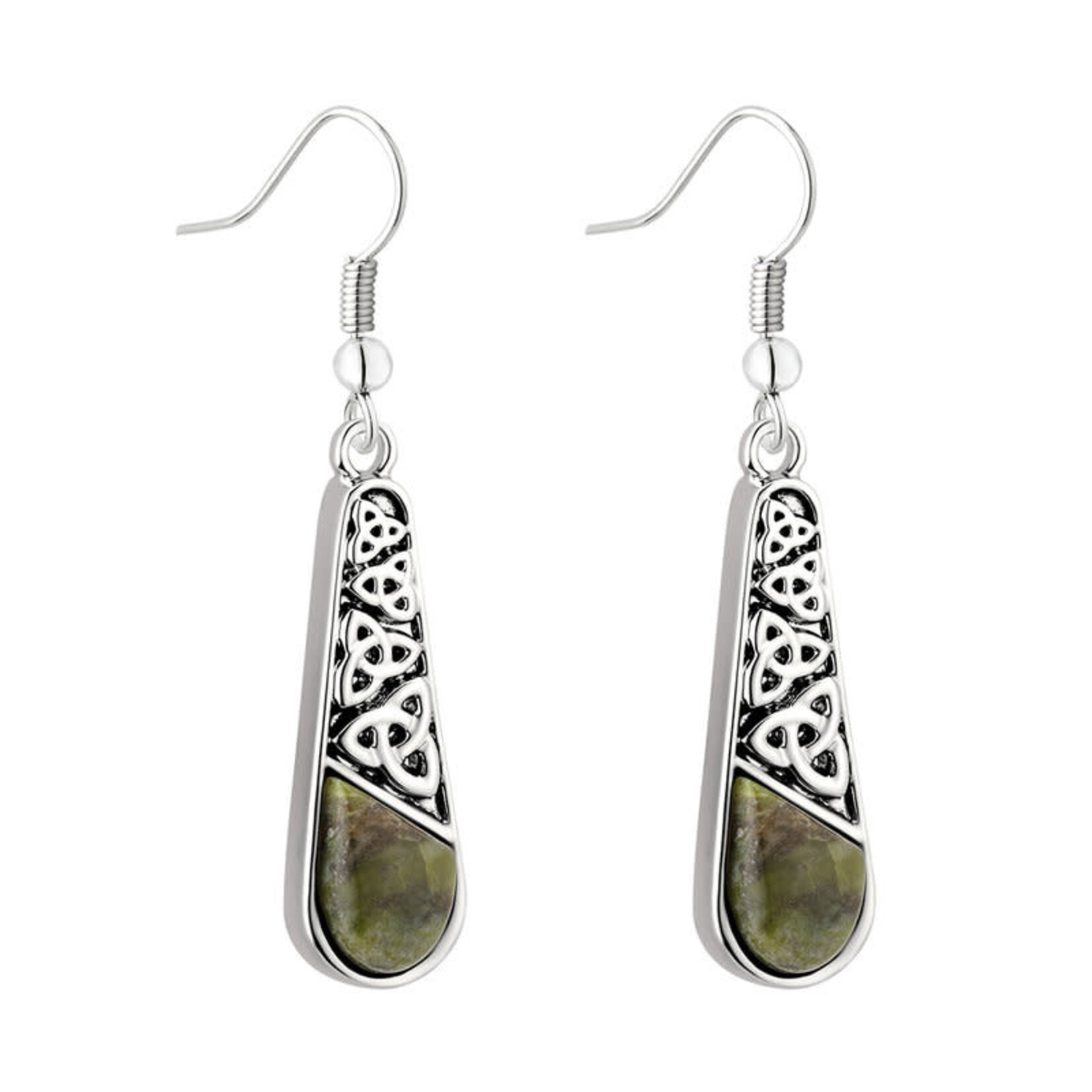 EARRINGS SOLVAR RHODIUM PLATE & CONNEMARA TEARDROP EARRINGS w. TRINITY KNOTS