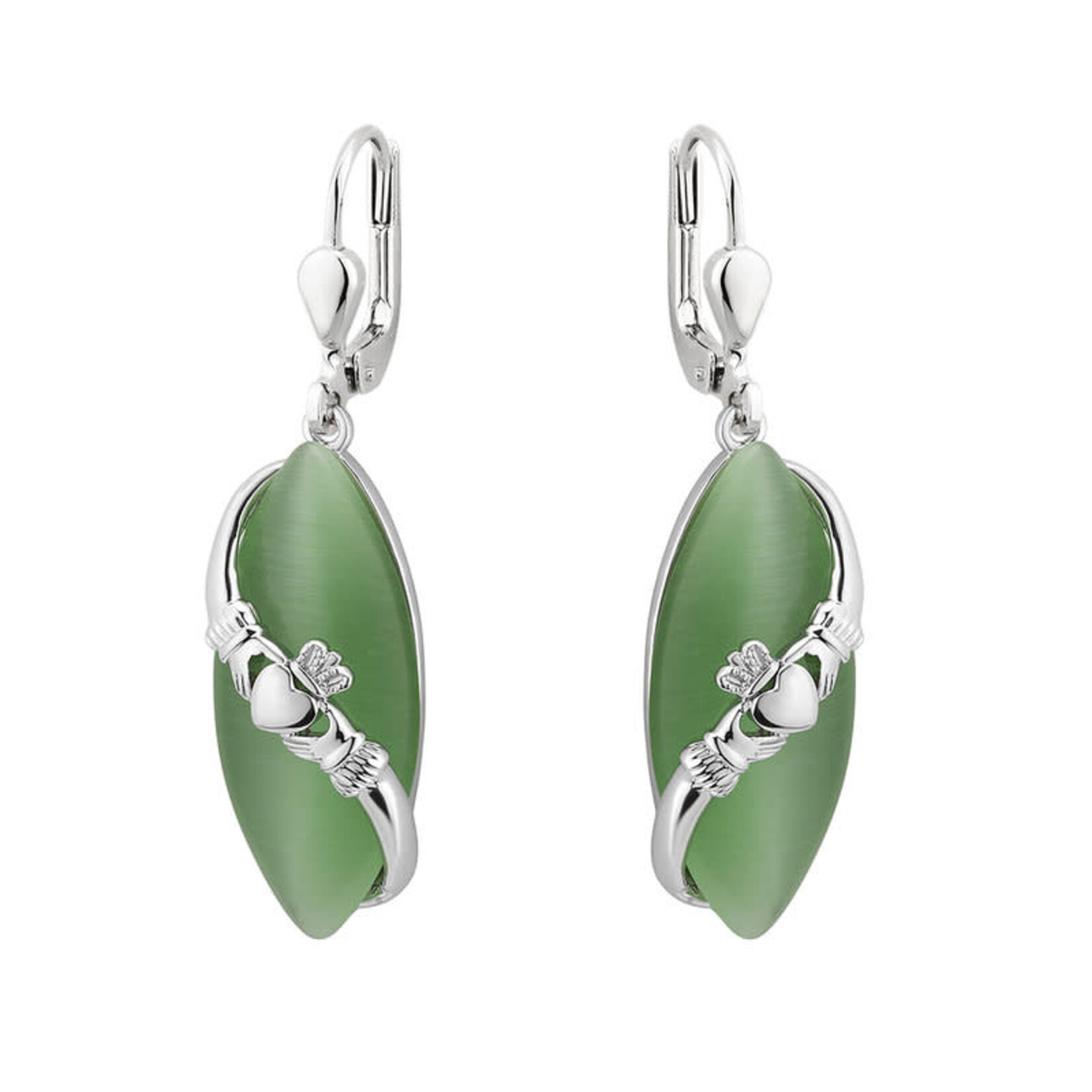 EARRINGS SOLVAR RHODIUM PLATE & CAT EYE DROP EARRINGS w. CLADDAGH