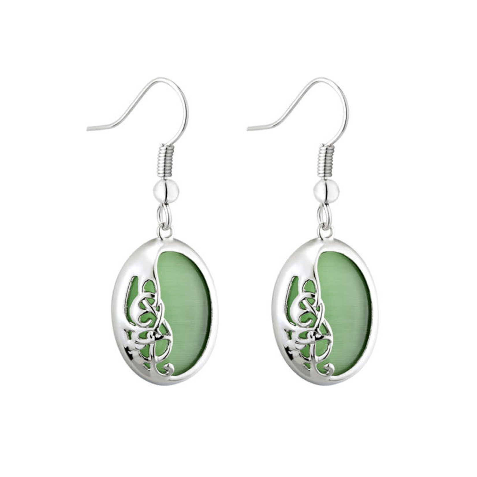 EARRINGS SOLVAR RHODIUM PLATE BoK CAT EYE EARRINGS - Green