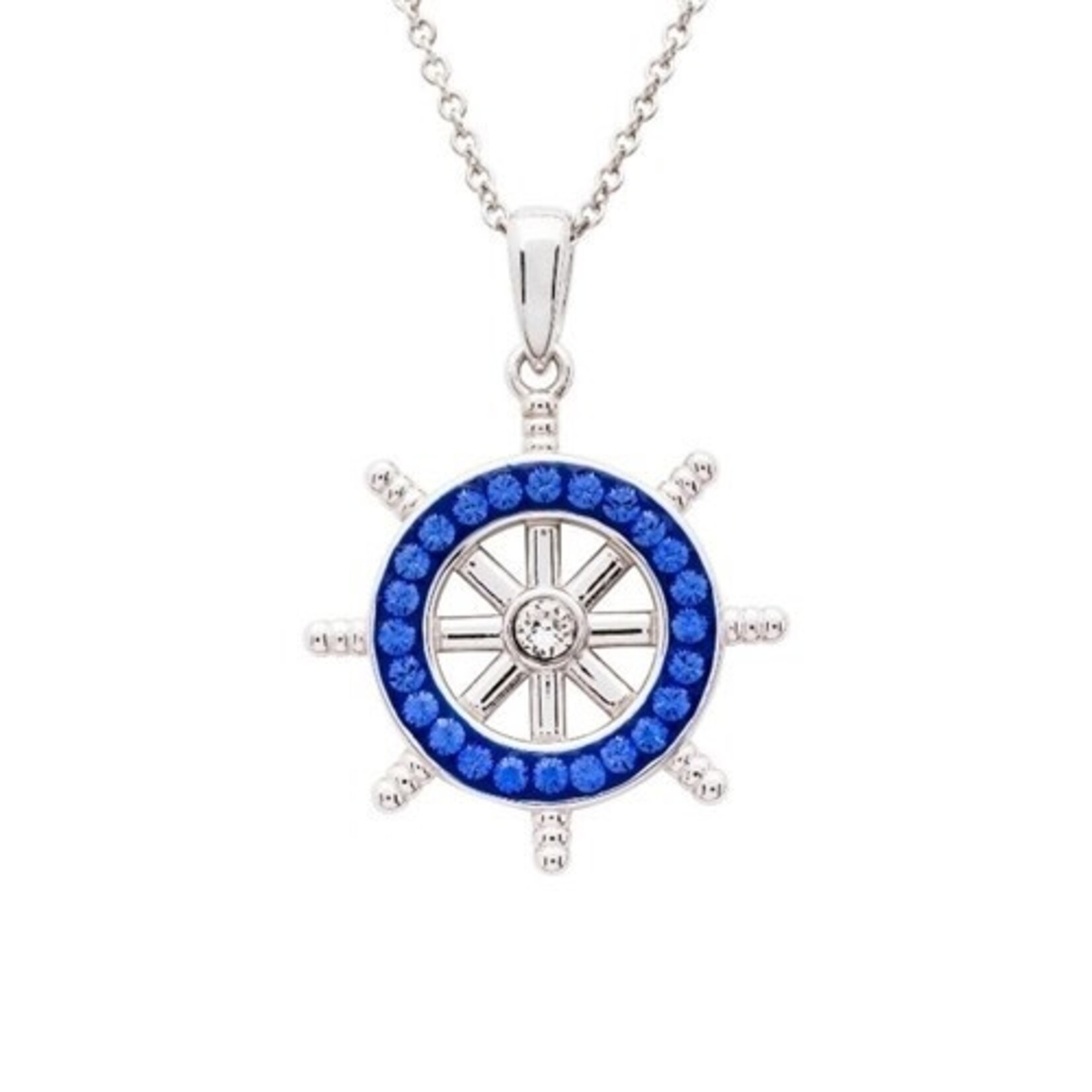 PENDANTS & NECKLACES OCEAN STERLING SHIPS WHEEL PENDANT w. CRYSTALS