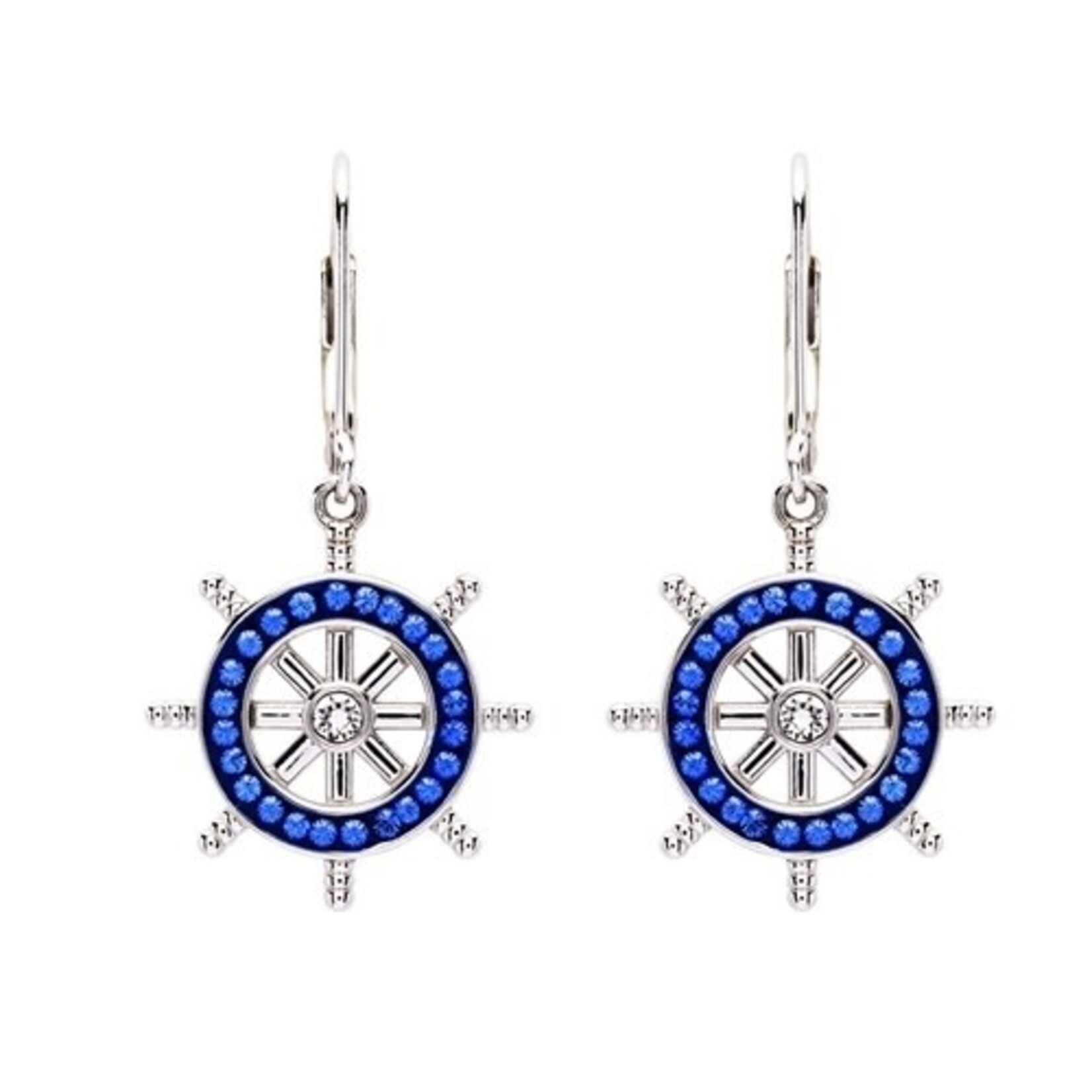 EARRINGS OCEAN STERLING SHIPS WHEEL DROP EARRINGS w. CRYSTALS