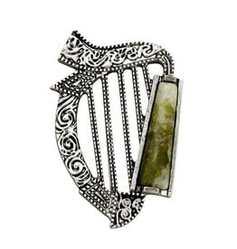 PINS & BROOCHES SOLVAR RHODIUM PLATE HARP BROOCH w. CONNEMARA MARBLE