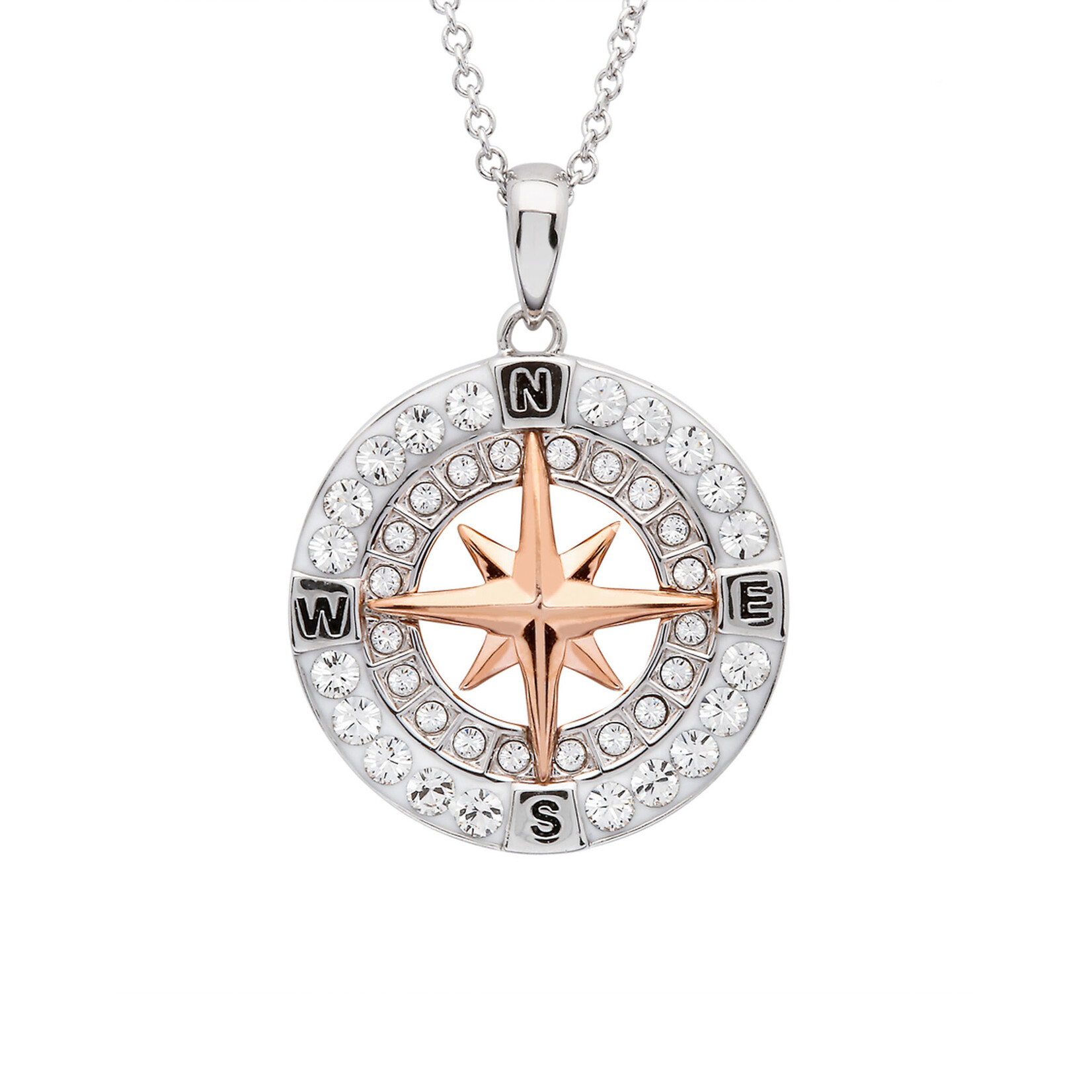 PENDANTS & NECKLACES OCEAN STERLING COMPASS PENDANT w RG & CRYSTALS