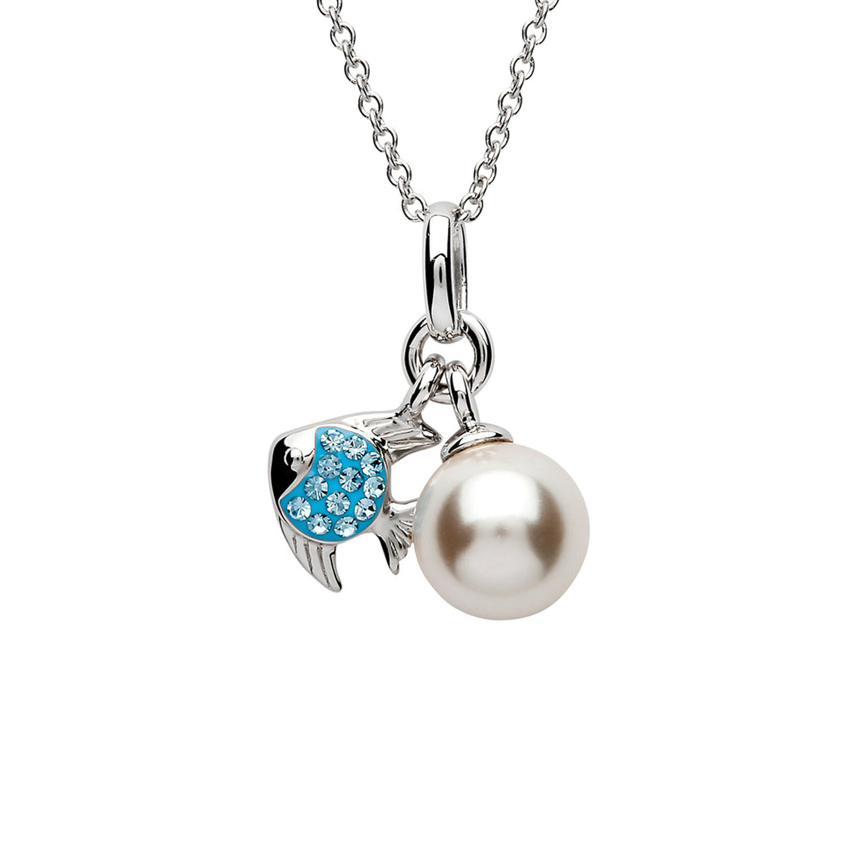 PENDANTS & NECKLACES CLEARANCE : OCEAN STERLING MINI FISH PENDANT w PEARL & AQUA CRYSTALS : FINAL SALE