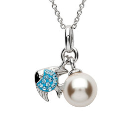 PENDANTS & NECKLACES OCEAN STERLING MINI FISH PENDANT w. PEARL & AQUA CRYSTALS