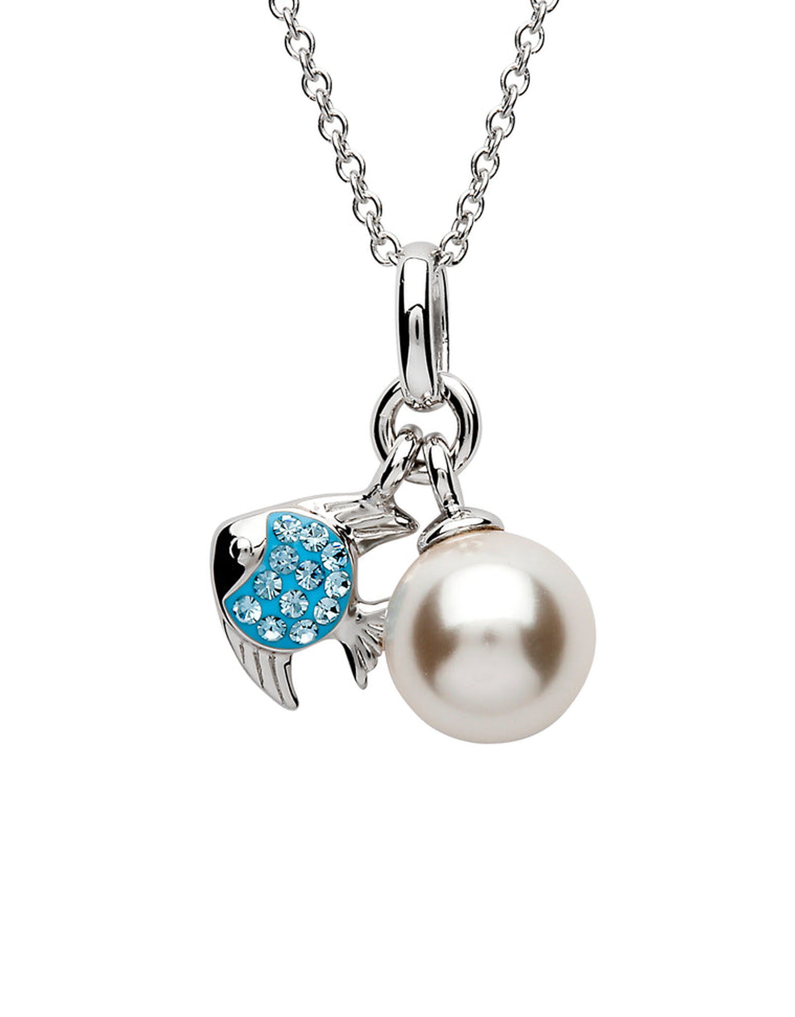 PENDANTS & NECKLACES CLEARANCE : OCEAN STERLING MINI FISH PENDANT w PEARL & AQUA CRYSTALS : FINAL SALE