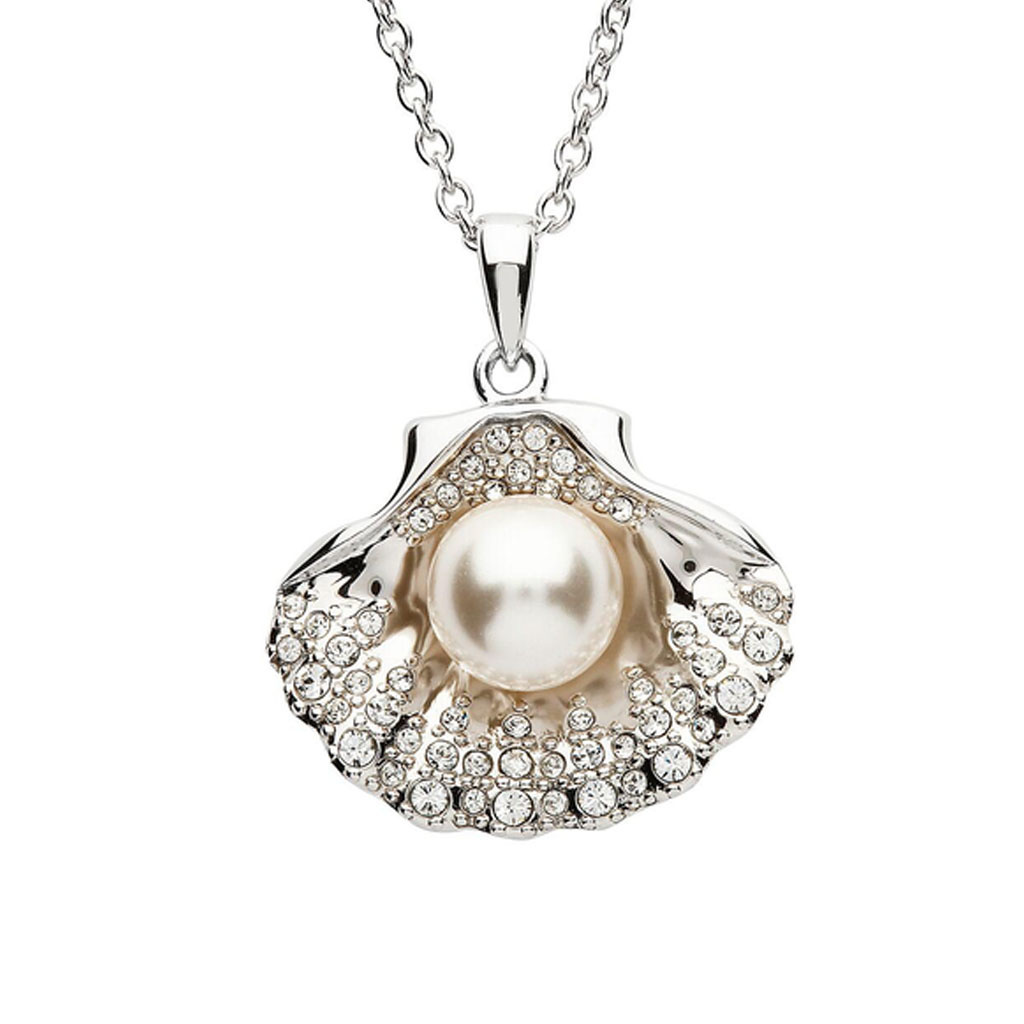 PENDANTS & NECKLACES OCEAN STERLING SHELL PENDANT w. PEARL & CRYSTALS