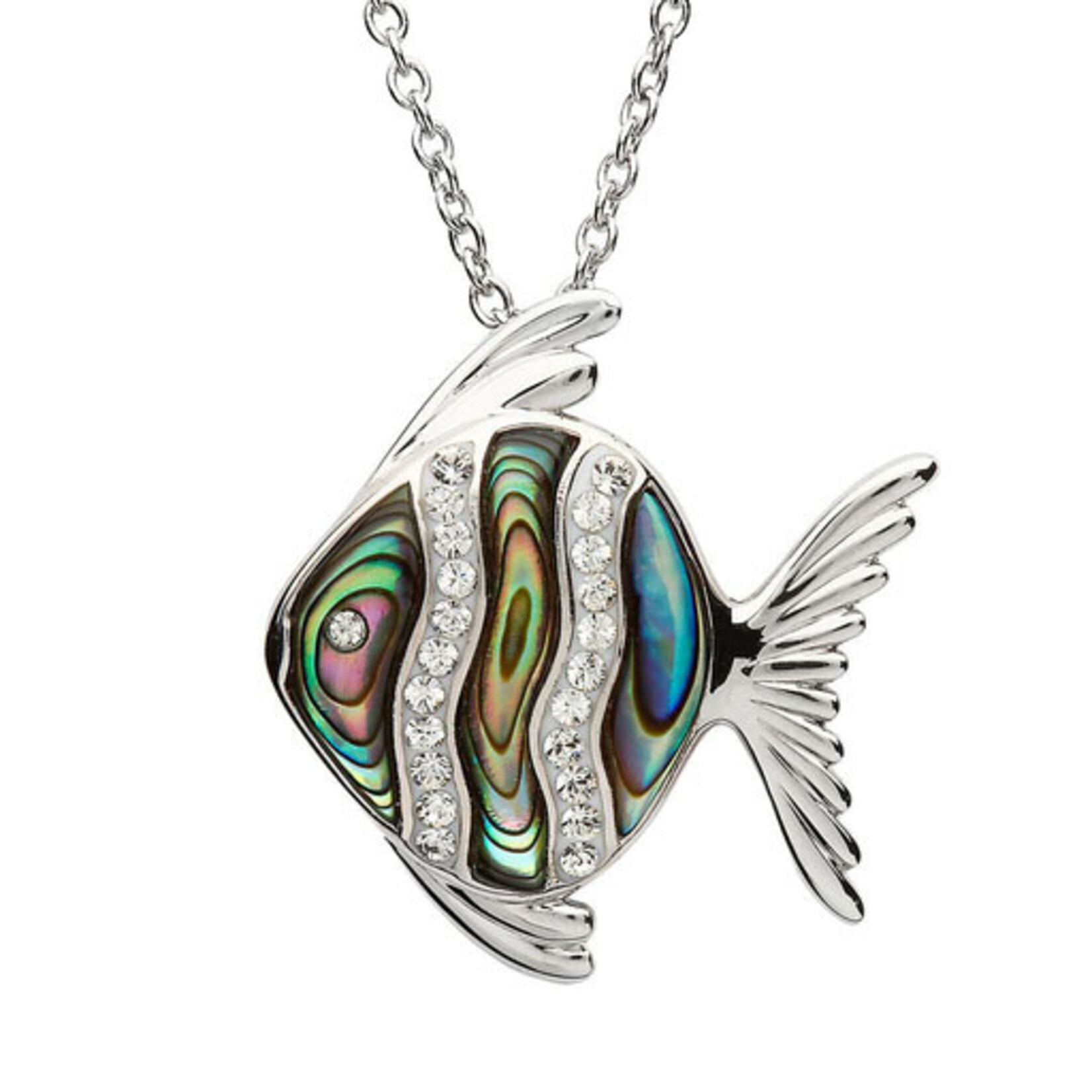 PENDANTS & NECKLACES OCEAN STERLING FISH PENDANT w. ABALONE SHELL & CRYSTALS