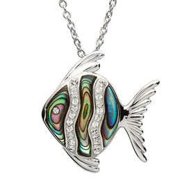 PENDANTS & NECKLACES OCEAN STERLING FISH PENDANT w. ABALONE SHELL & CRYSTALS