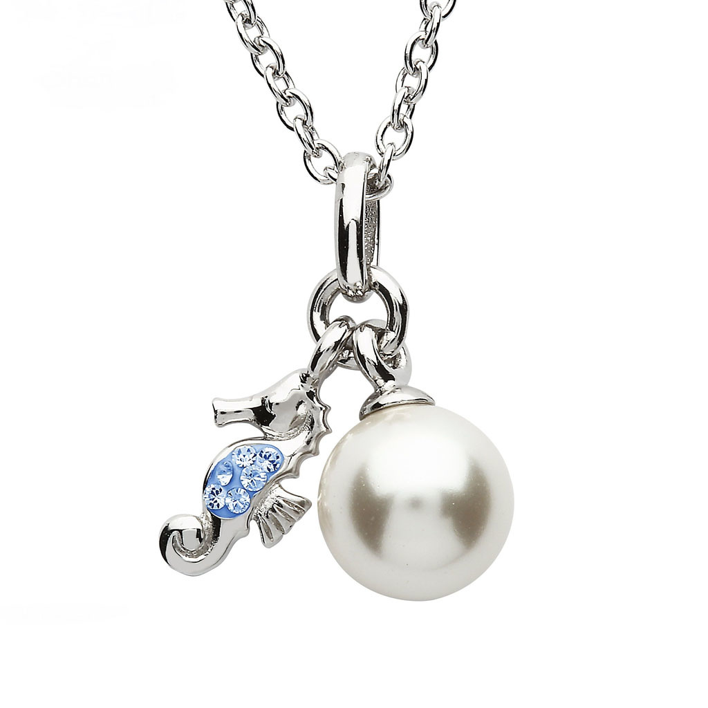 PENDANTS & NECKLACES CLEARANCE : OCEAN STERLING MINI SEAHORSE w PEARL & AQUA CRYSTALS : FINAL SALE
