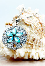 PENDANTS & NECKLACES OCEAN STERLING AQUA SAND DOLLAR PENDANT w/ MOTHER of PEARL & CRYTALS