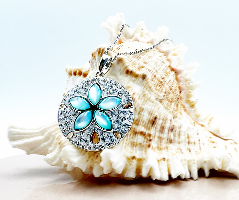 PENDANTS & NECKLACES OCEAN STERLING AQUA SAND DOLLAR PENDANT w/ MOTHER of PEARL & CRYTALS