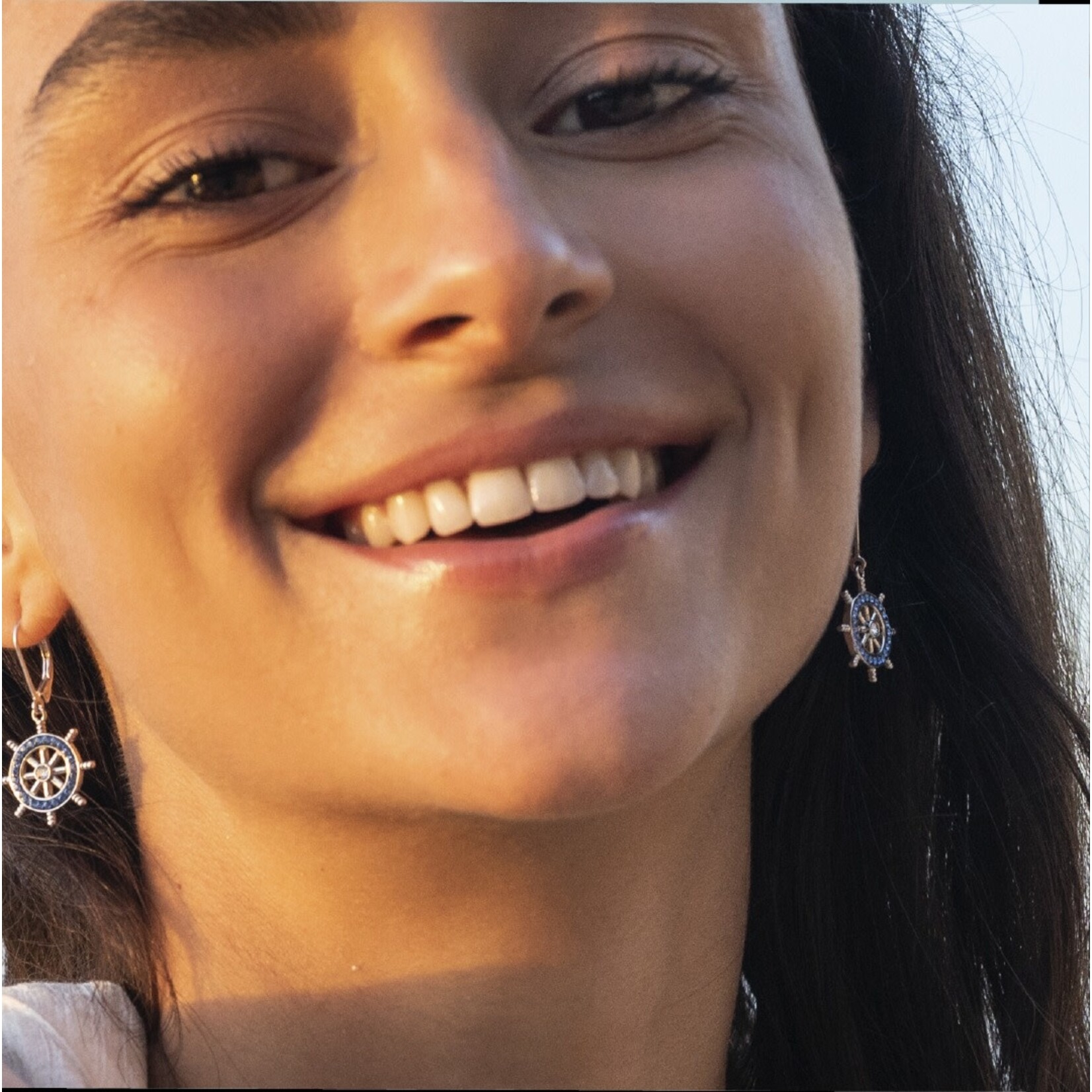 EARRINGS OCEAN STERLING SHIPS WHEEL DROP EARRINGS w. CRYSTALS