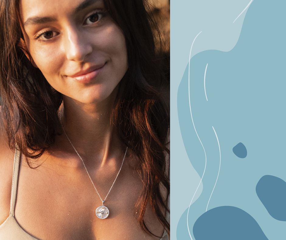 PENDANTS & NECKLACES OCEAN STERLING COMPASS PENDANT w. MOTHER of PEARL & CRYSTALS