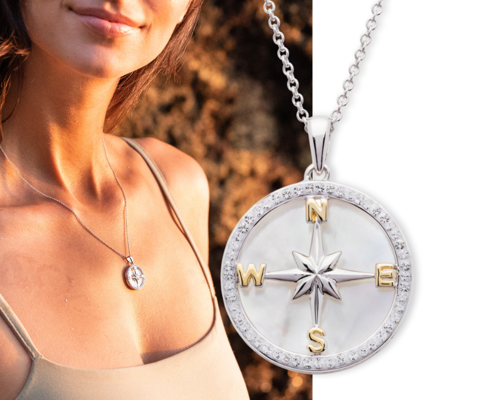 PENDANTS & NECKLACES OCEAN STERLING COMPASS PENDANT w. MOTHER of PEARL & CRYSTALS