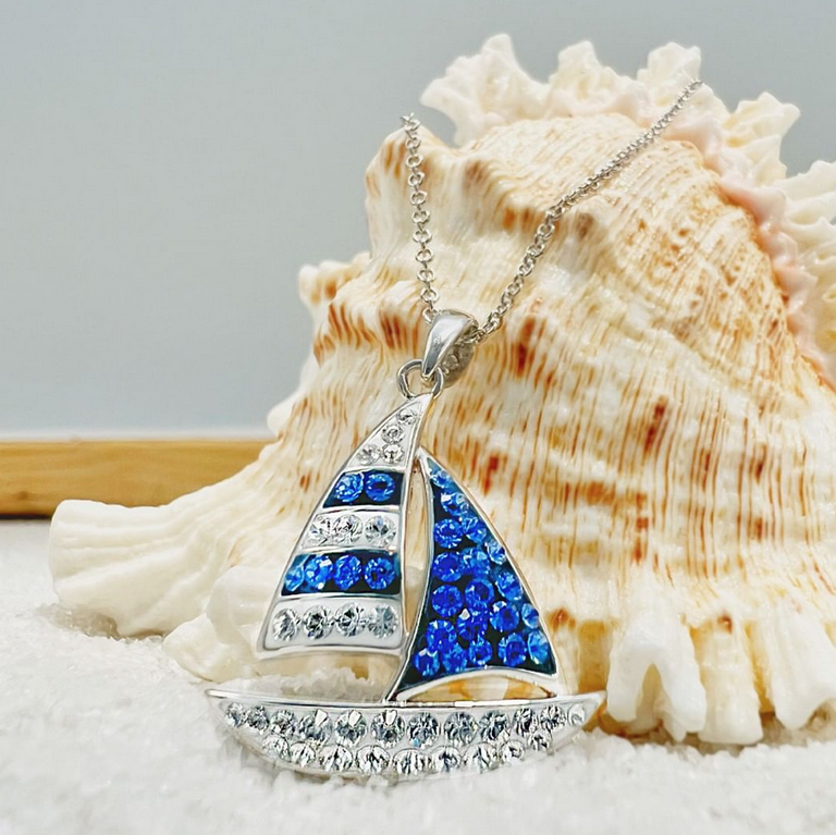 PENDANTS & NECKLACES OCEAN STERLING SAIL BOAT w CRYSTALS