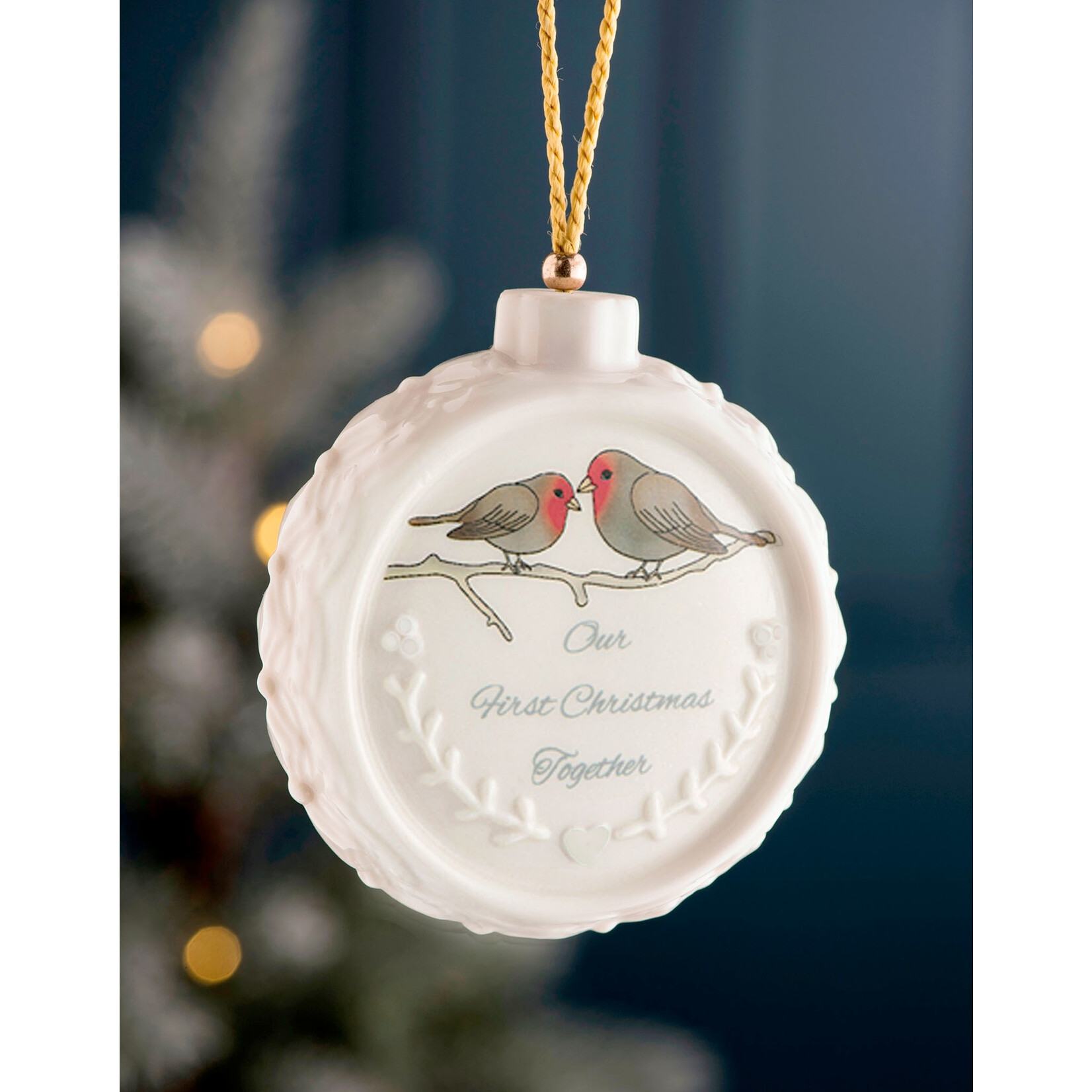 ORNAMENTS BELLEEK ORNAMENT - 'Our First Christmas Together' w. Birds