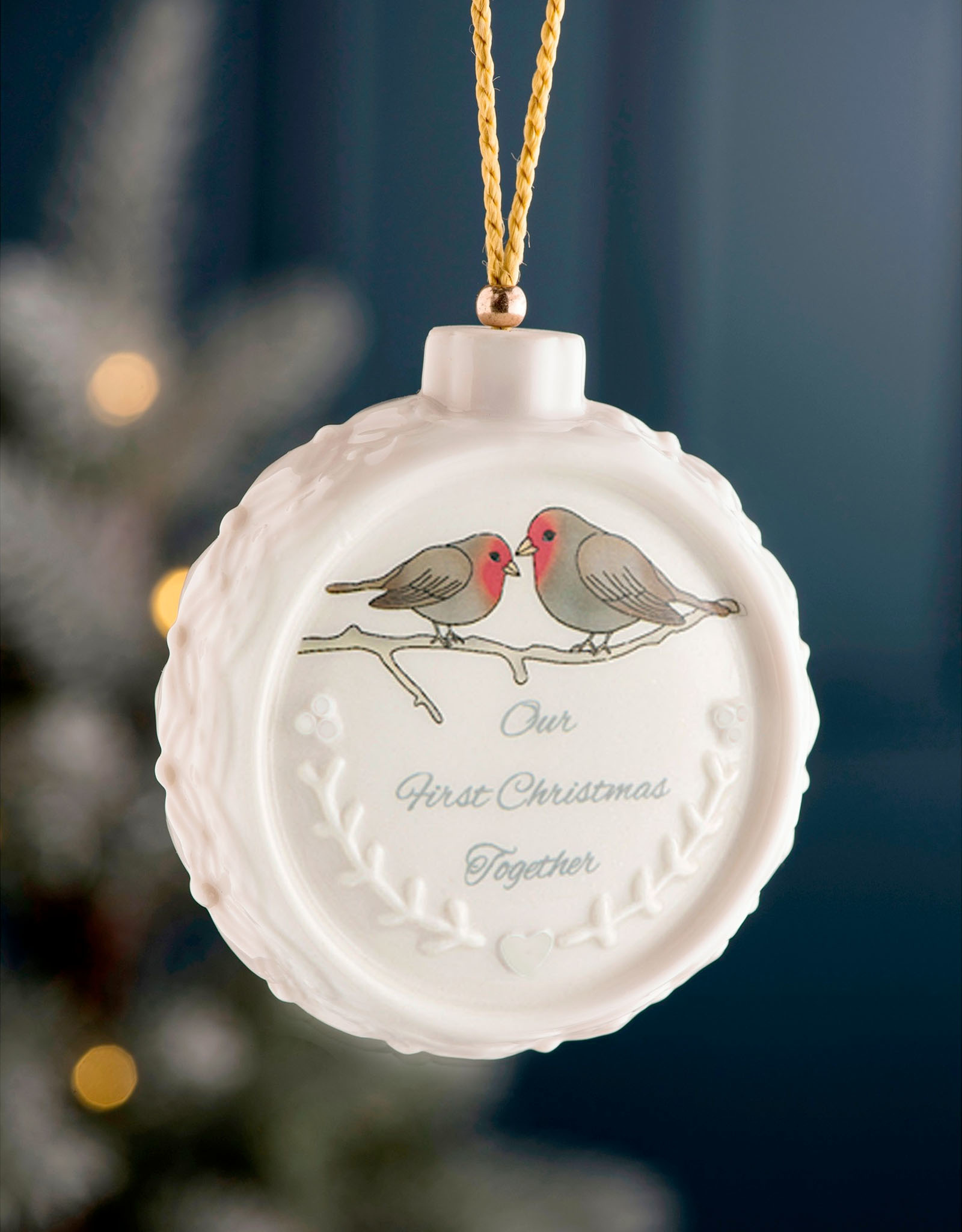 ORNAMENTS BELLEEK ORNAMENT - 'Our First Christmas Together' w. Birds