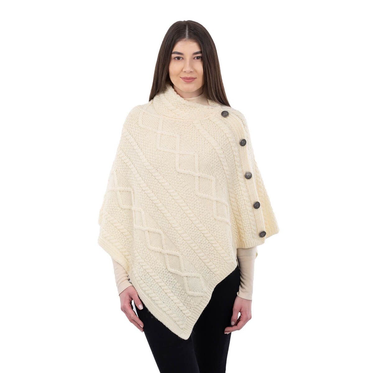 CAPES & RUANAS SAOL CABLE KNIT PONCHO w BUTTONS - Natural