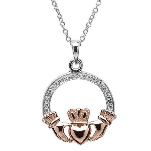 PENDANTS & NECKLACES SHANORE STERLING & ROSE GOLD PLATE CZ CLADDAGH PENDANT