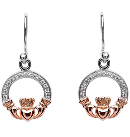 EARRINGS SHANORE STERLING & ROSE GOLD PLATE CZ CLADDAGH EARRINGS