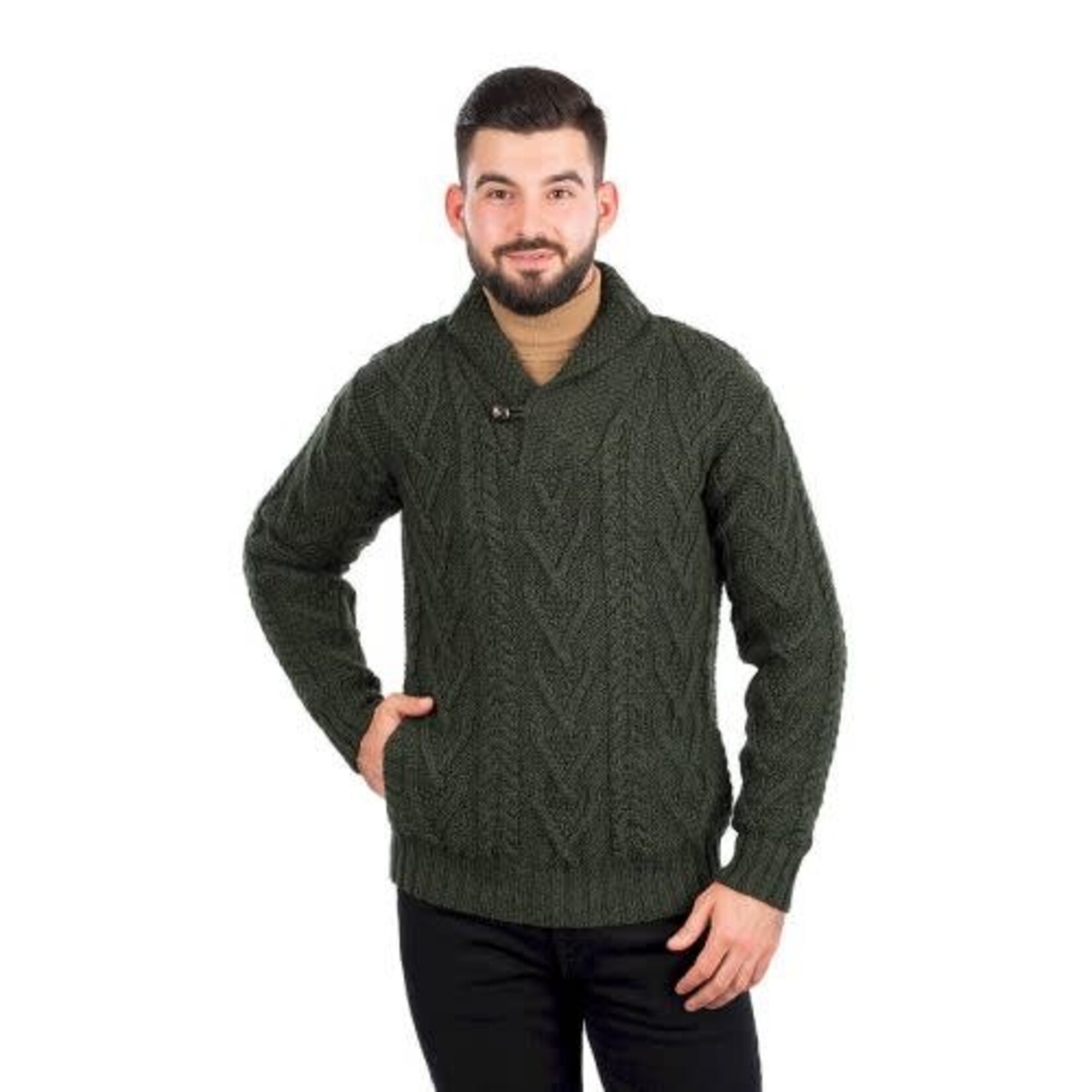 SWEATERS CLEARANCE: SAOL MENS SHAWL COLLAR SWEATER w BUTTON - Army Green :FINAL SALE