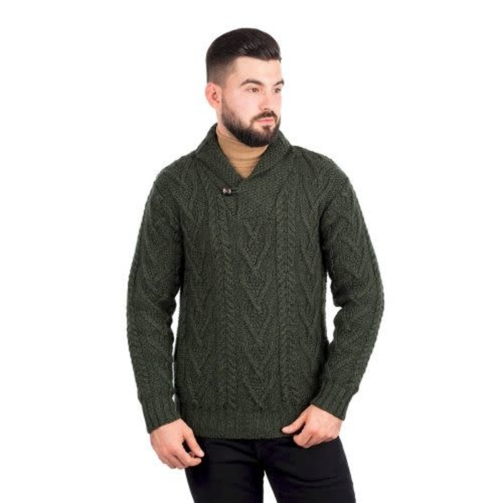 SWEATERS CLEARANCE: SAOL MENS SHAWL COLLAR SWEATER w BUTTON - Army Green :FINAL SALE