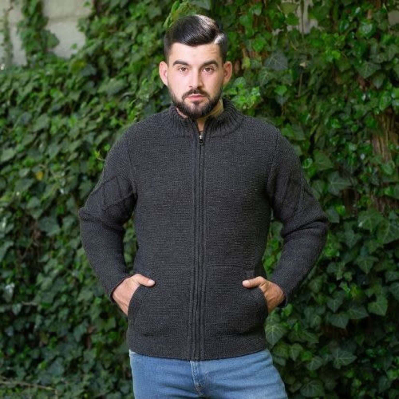 SWEATERS CLEARANCE: SAOL GENTS FULL-ZIP CABLE KNIT CARDIGAN - Charcoal :FINAL SALE