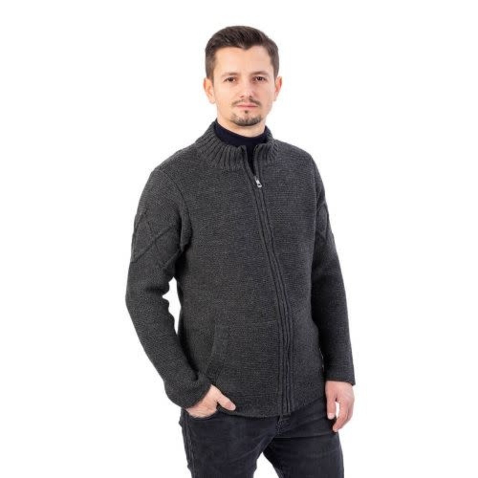SWEATERS CLEARANCE: SAOL GENTS FULL-ZIP CABLE KNIT CARDIGAN - Charcoal :FINAL SALE