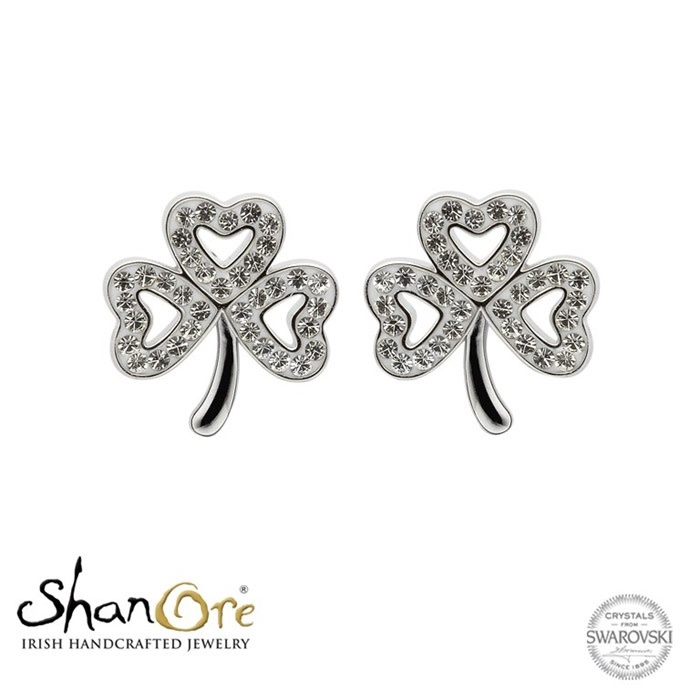 EARRINGS SHANORE STERLING SHAMROCK POST EARRINGS w WHITE CRYSTALS