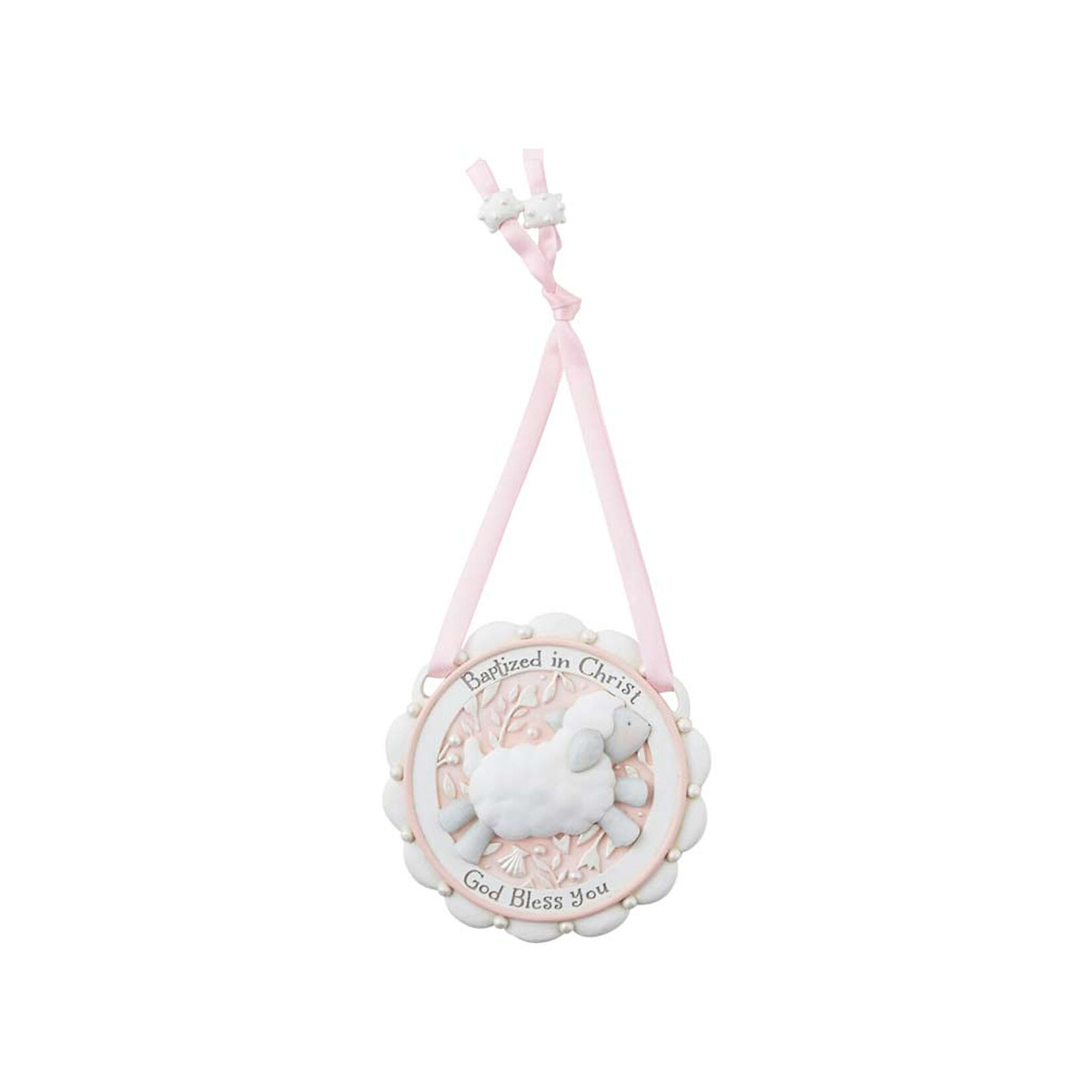 KIDS RELIGIOUS BAPTISM SHEEP CRIB MEDAL - Pink