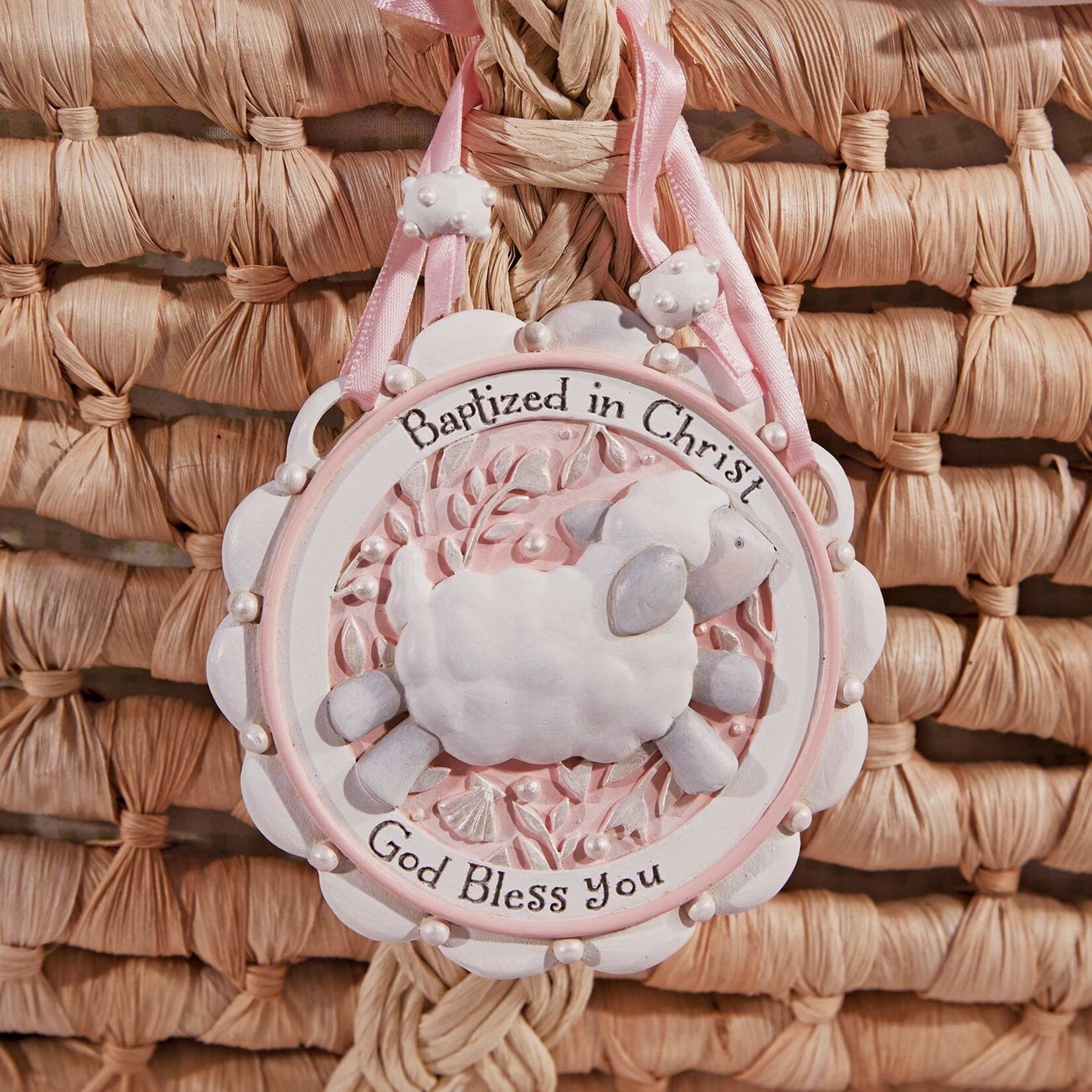 KIDS RELIGIOUS BAPTISM SHEEP CRIB MEDAL - Pink