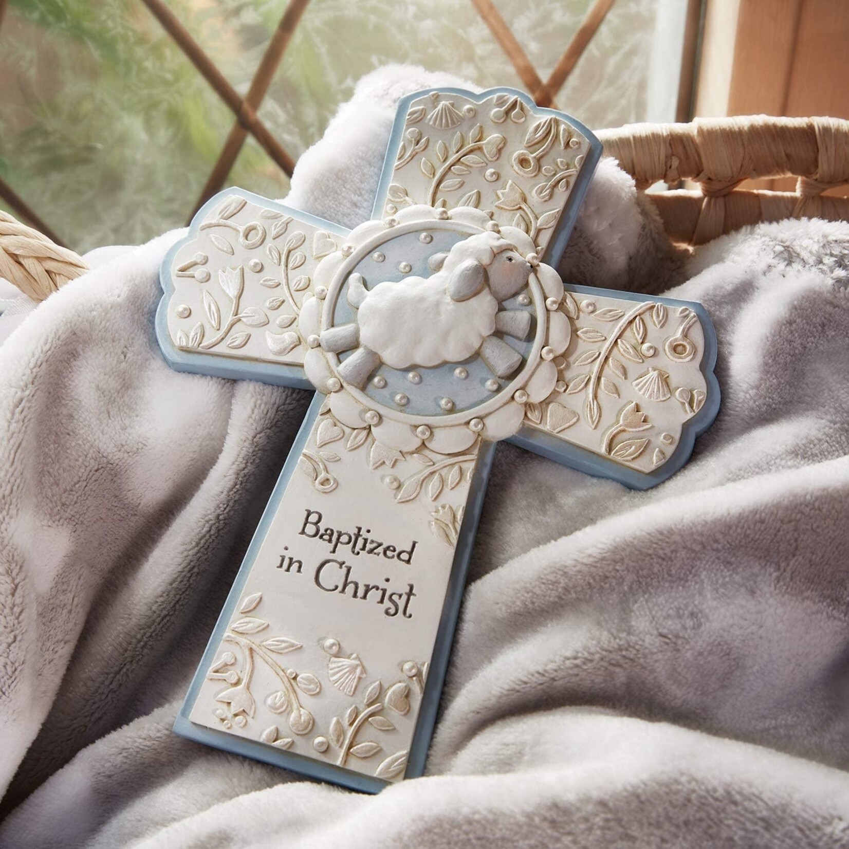 KIDS RELIGIOUS BAPTISM SHEEP WALL CROSS - Blue