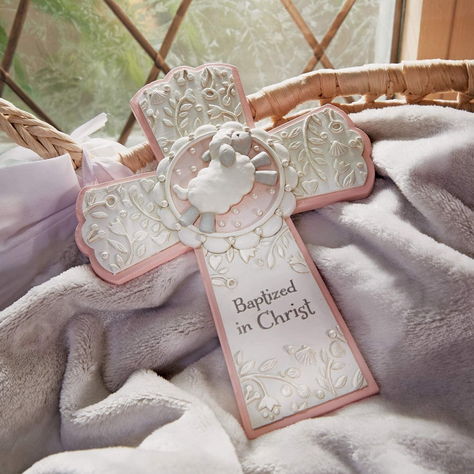 KIDS RELIGIOUS BAPTISM SHEEP WALL CROSS - Pink