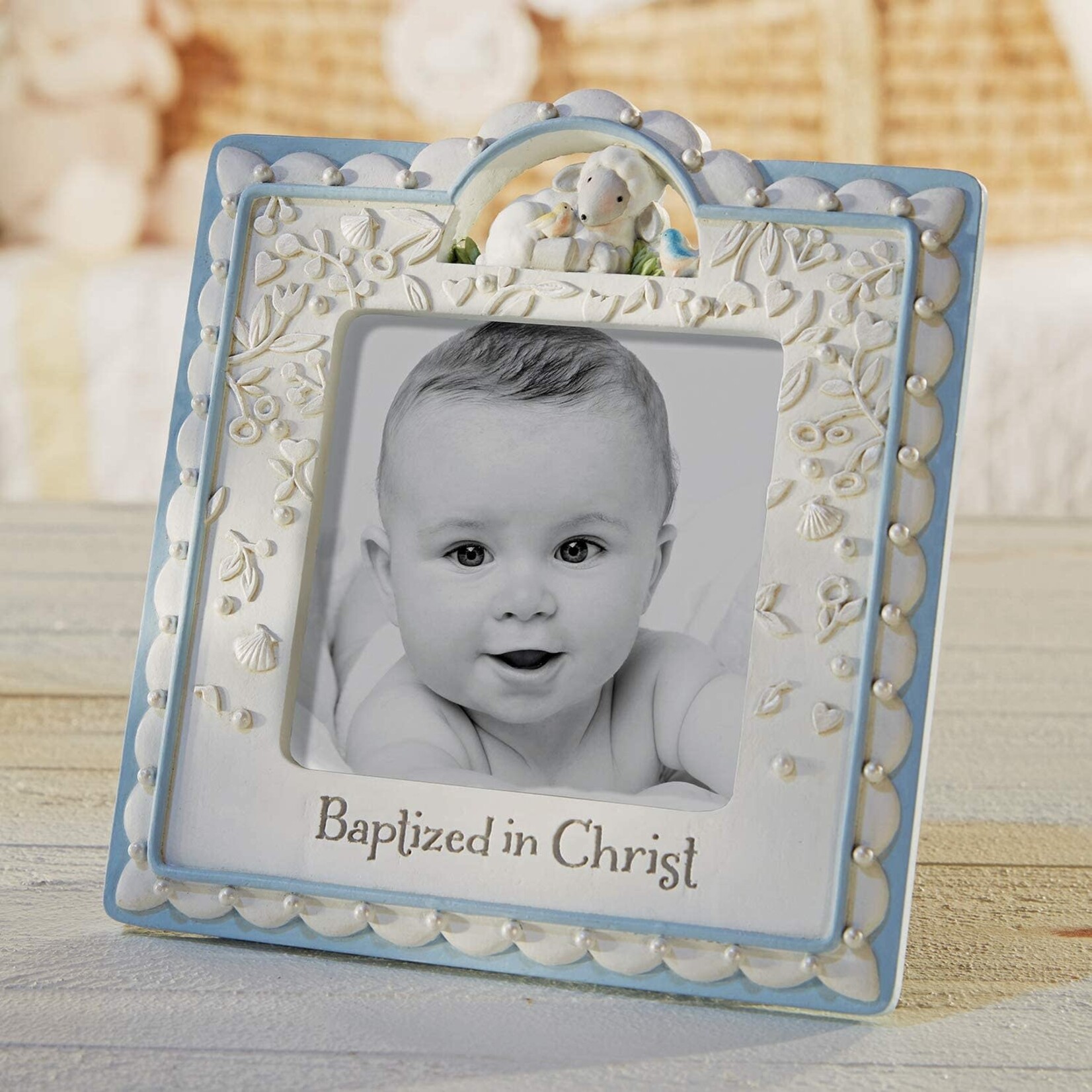KIDS RELIGIOUS BAPTISM SHEEP PHOTO FRAME - Blue