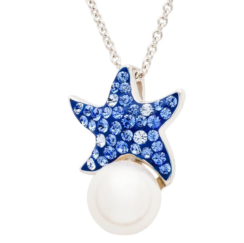 PENDANTS & NECKLACES OCEAN STERLING STARFISH PENDANT w SAPPHIRE CRYSTALS & PEARL