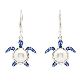 EARRINGS OCEAN STERLING SAPPHIRE CRYSTAL TURTLE EARRINGS w PEARL