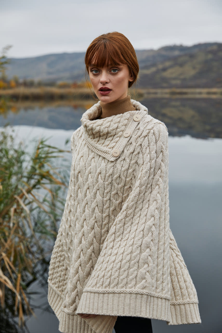Wool poncho, knitted poncho, cable knit poncho