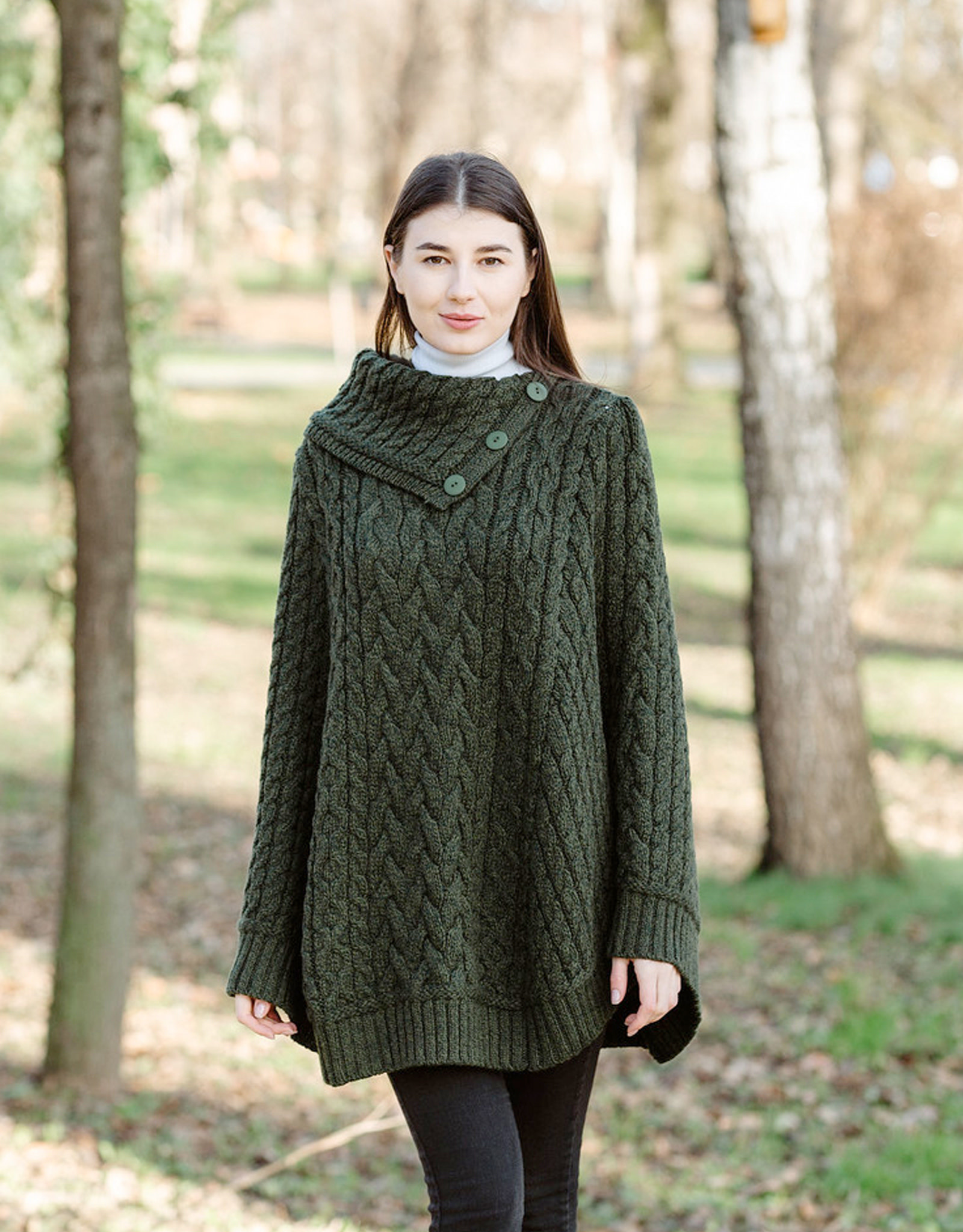 CAPES & RUANAS SAOL COWL NECK BUTTON PONCHO - Army Green
