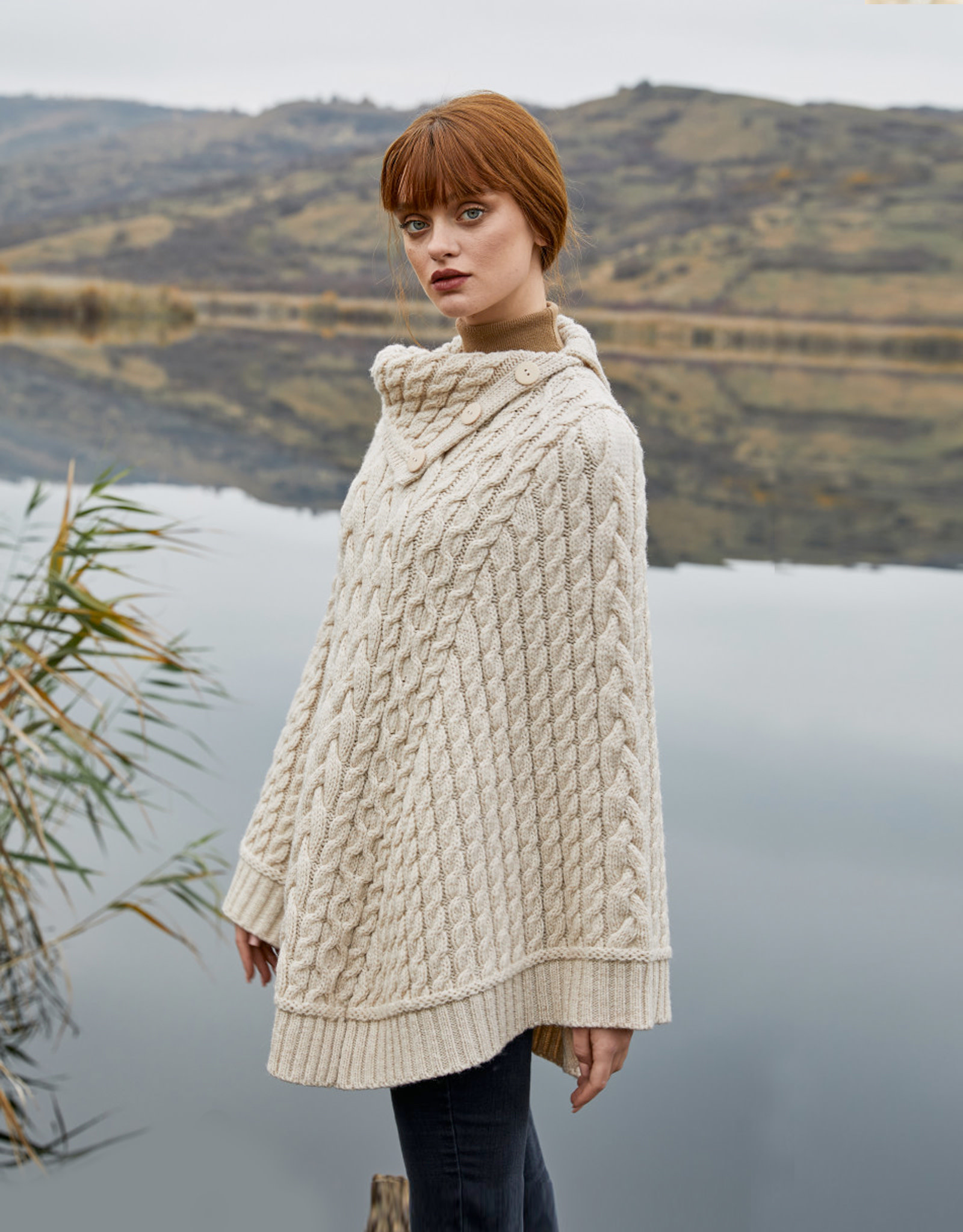 Irish Wool Cable Knit Cowl Neck Poncho for Women