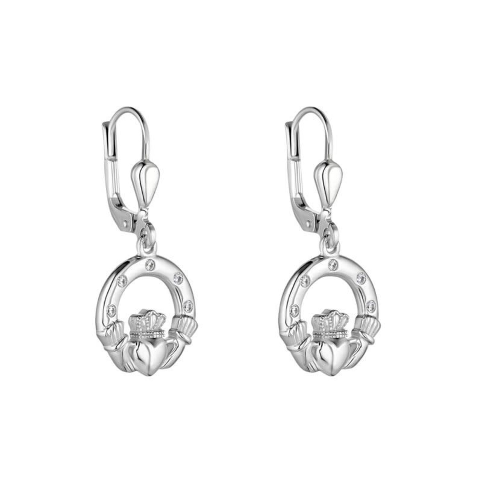 EARRINGS SOLVAR SILVER FLUSH SET CZ CLADDAGH DROP EARRINGS